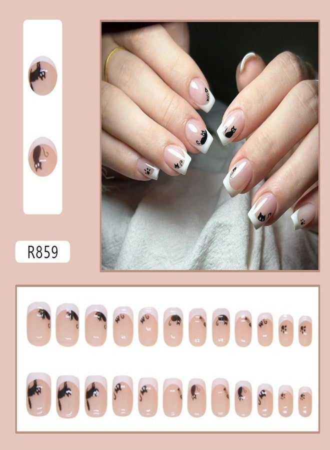 OCOUYVD Hallowen Cat Press on Nails Short Square Shaped French Tip Fake Nails with Cute Cartoon Black Cats and Fish Design Pink Glossy False Nails Full Cover Acrylic Nails for Women - Image 2